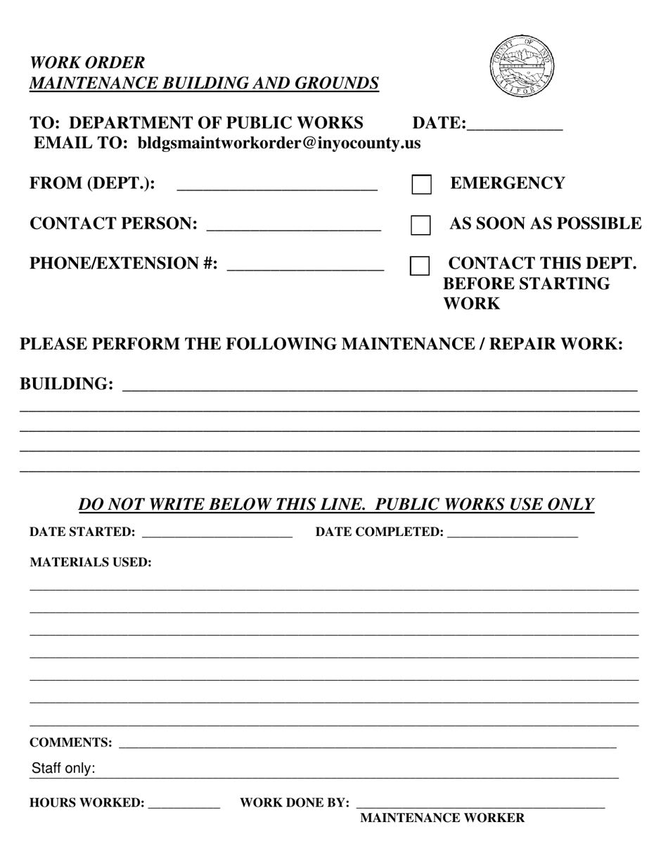 Inyo County, California Maintenance Building and Grounds Work Order Fill Out, Sign Online and