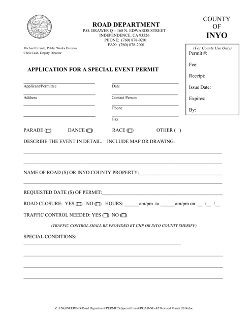 Application for a Special Event Permit - Inyo County, California Download Pdf