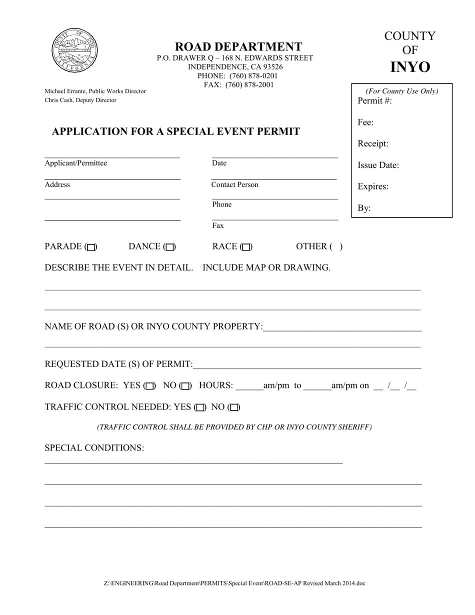 Application for a Special Event Permit - Inyo County, California, Page 1