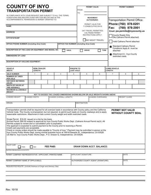 Oversize Load Permit Application - Inyo County, California Download Pdf