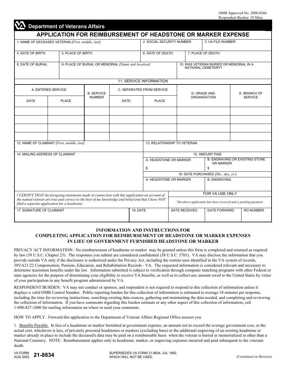 VA Form 21-8834 Application for Reimbursement of Headstone or Marker Expense, Page 1