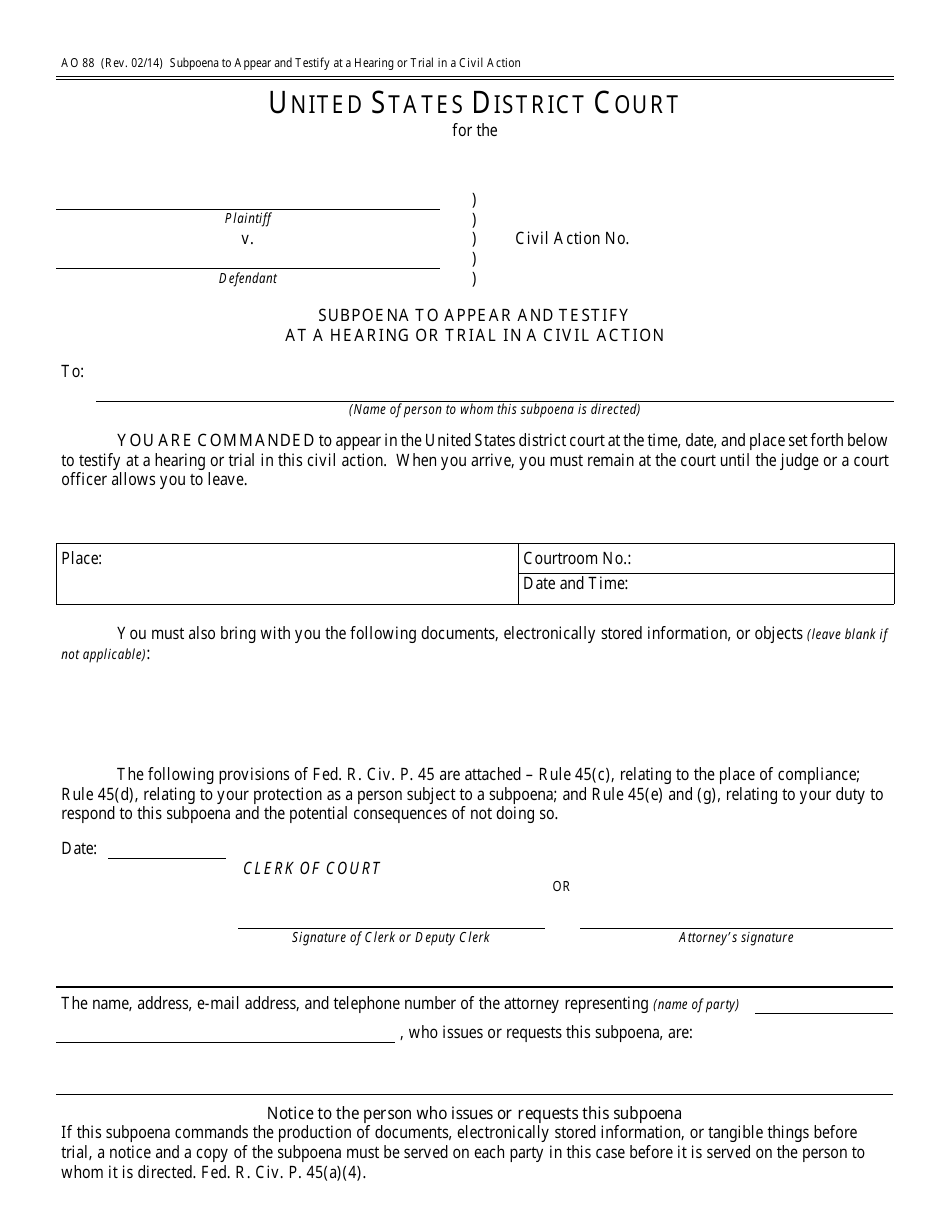 Form AO88 Subpoena to Appear and Testify at a Hearing or Trial in a Civil Action, Page 1
