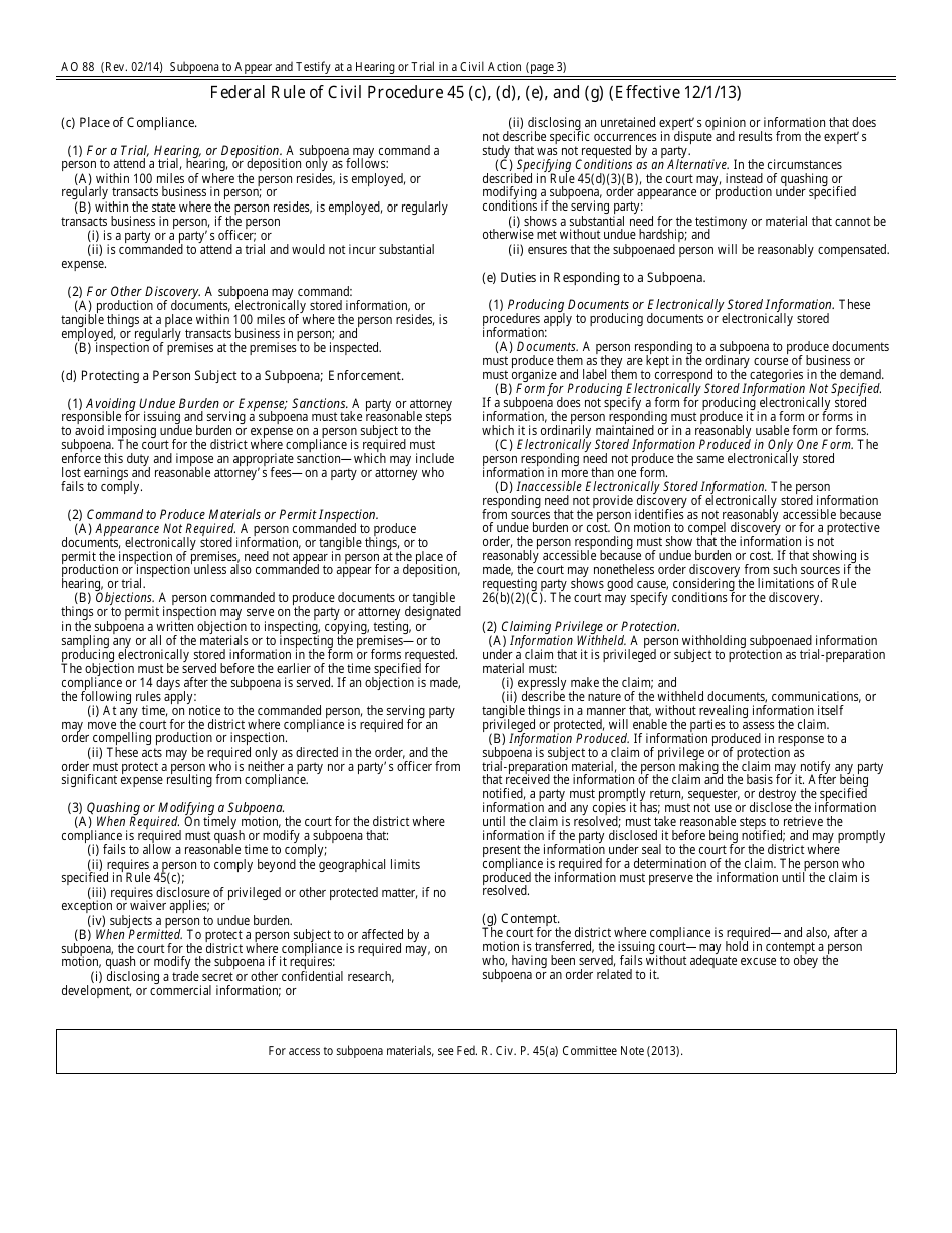 Form AO88 Subpoena to Appear and Testify at a Hearing or Trial in a Civil Action, Page 3