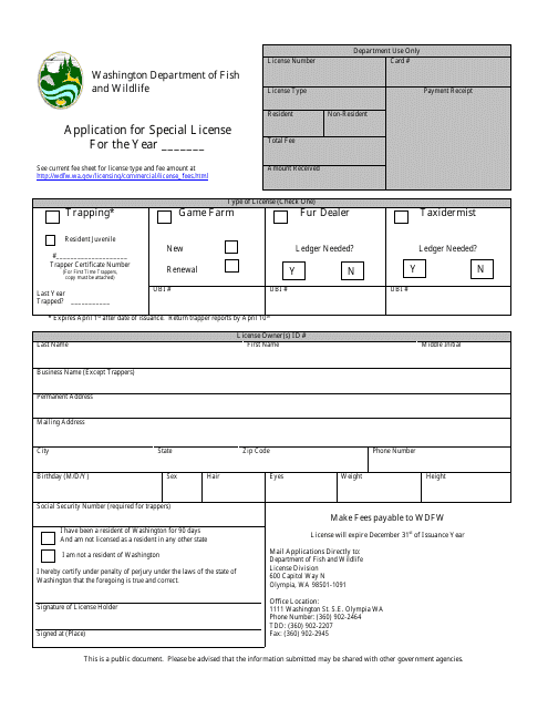 Application for Special License - Washington Download Pdf