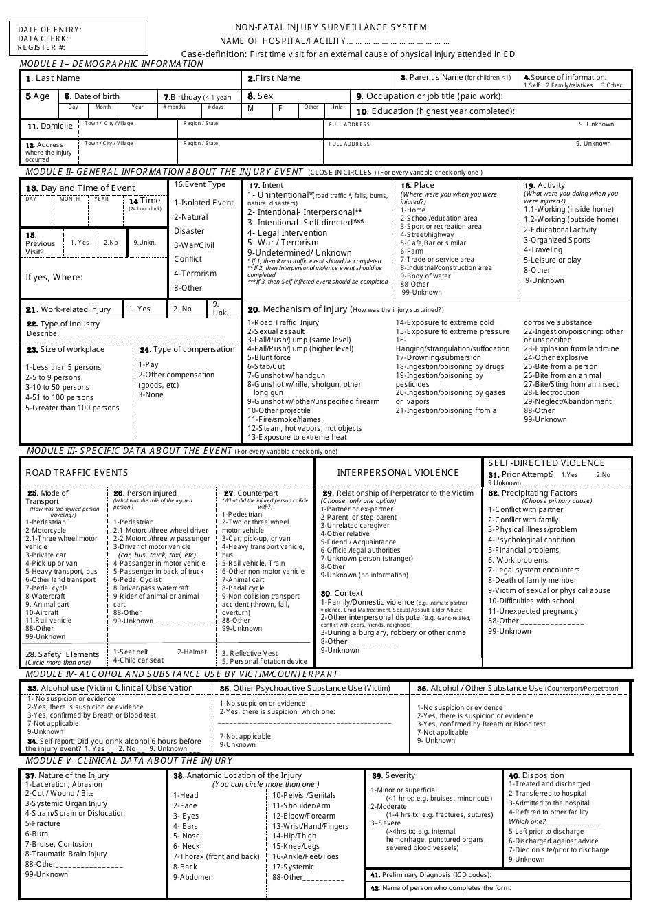 Medical Record Form - Non-fatal Injury Surveillance System, Page 1