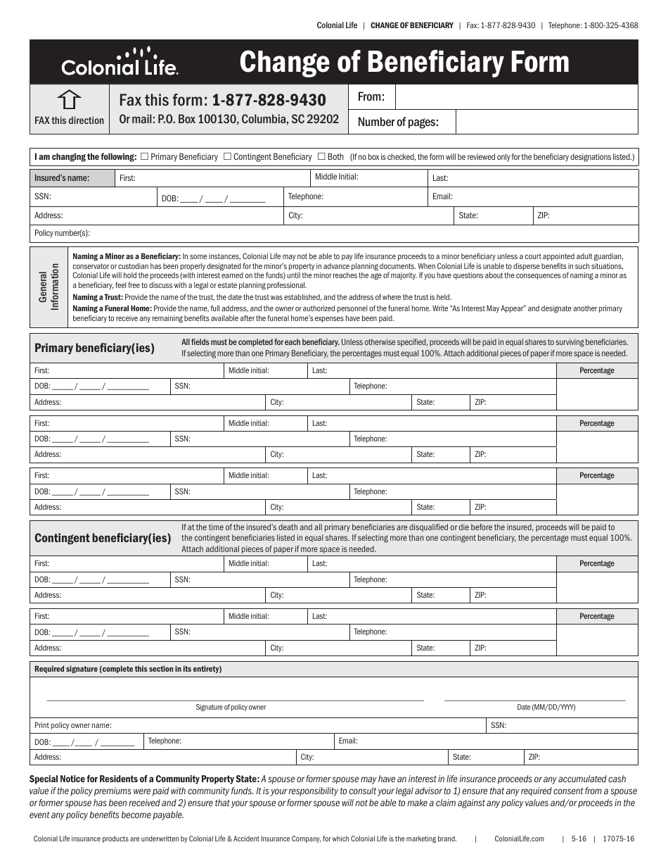 Form 17075-16 Change of Beneficiary Form - Colonial Life, Page 1