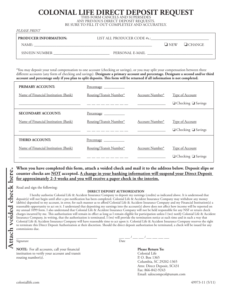 Direct Deposit Request Form - Colonial Life, Page 1