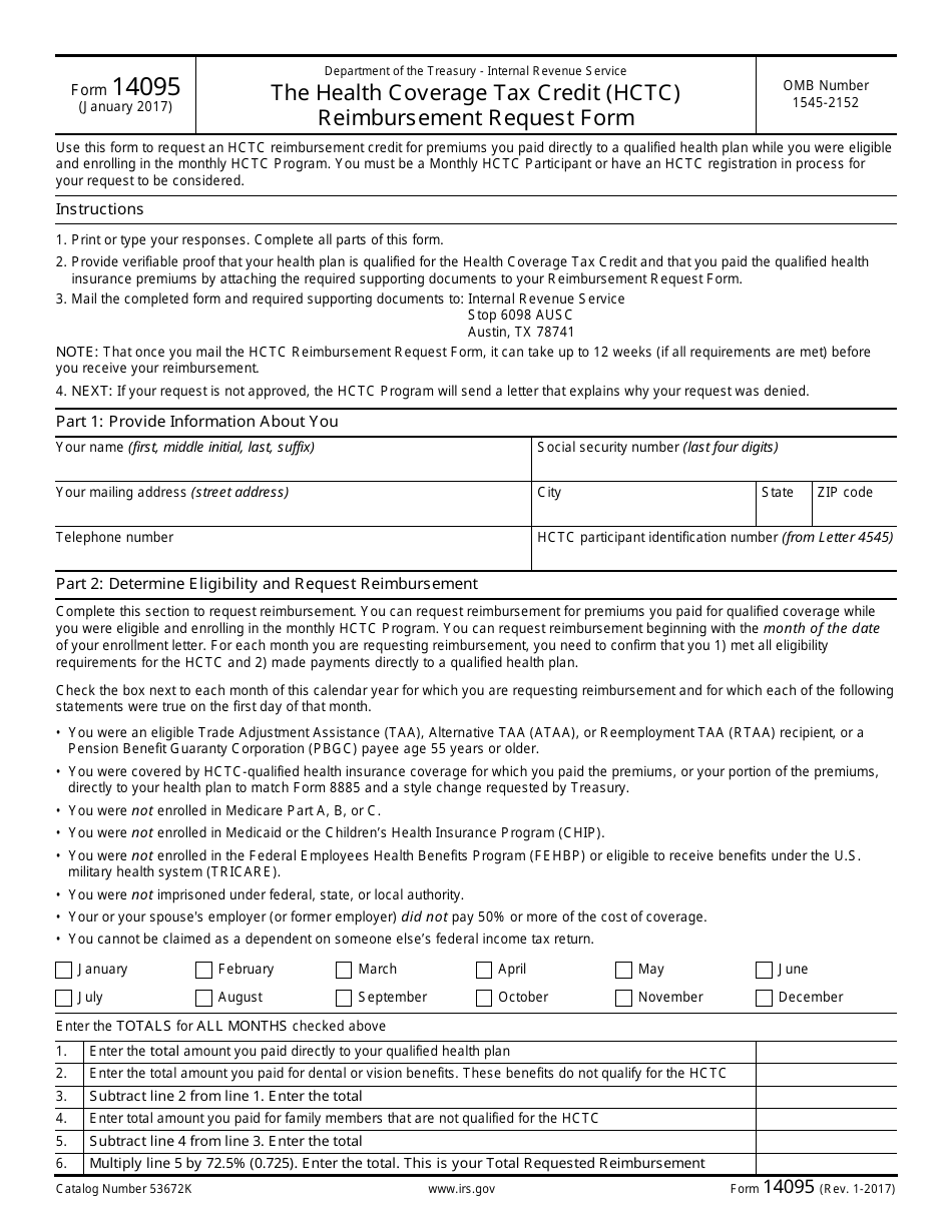 IRS Form 14095 The Health Coverage Tax Credit (Hctc) Reimbursement Request Form, Page 1