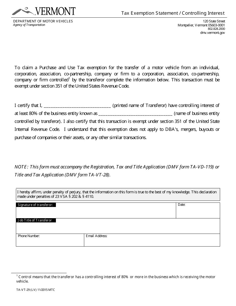 Form TA-VT-29 Tax Exemption Statement / Controlling Interest - Vermont, Page 1