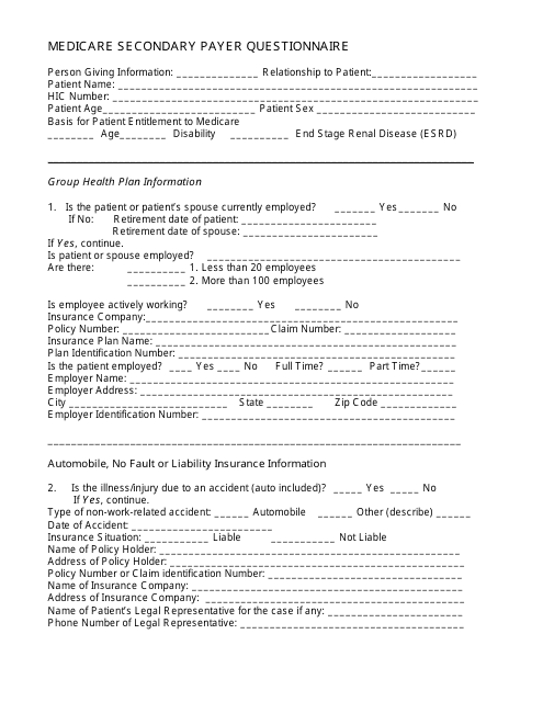 Medicare Secondary Payer Questionnaire Template Download Printable PDF 