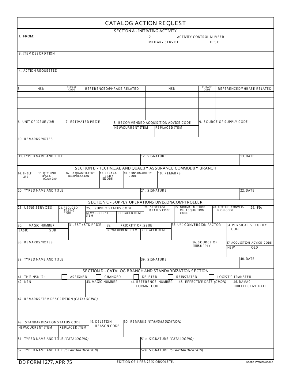 DD Form 1277 Catalog Action Request, Page 1