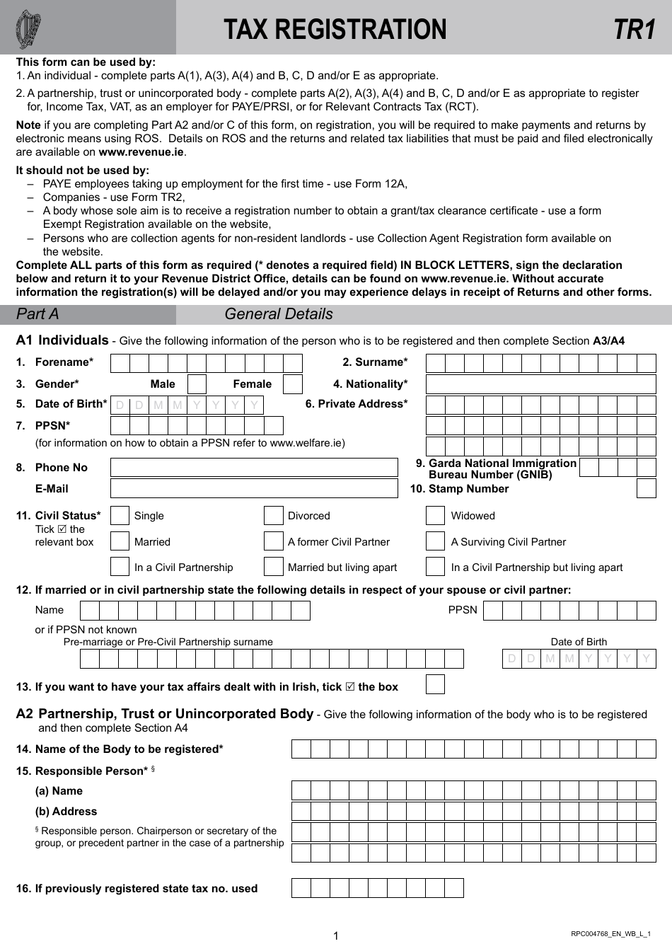 Form TR1 Tax Registration - Ireland, Page 1