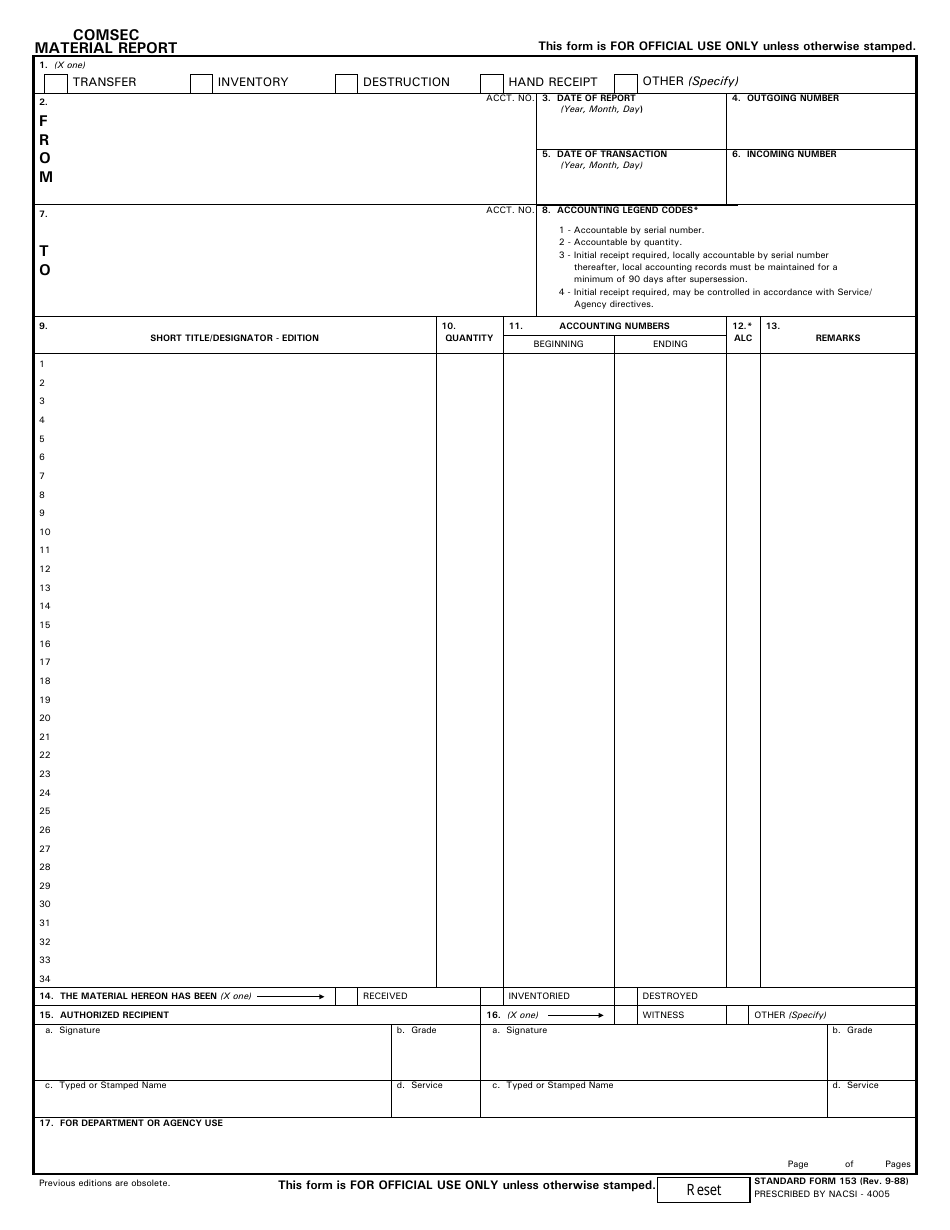 Form SF-153 Comsec Material Report, Page 1
