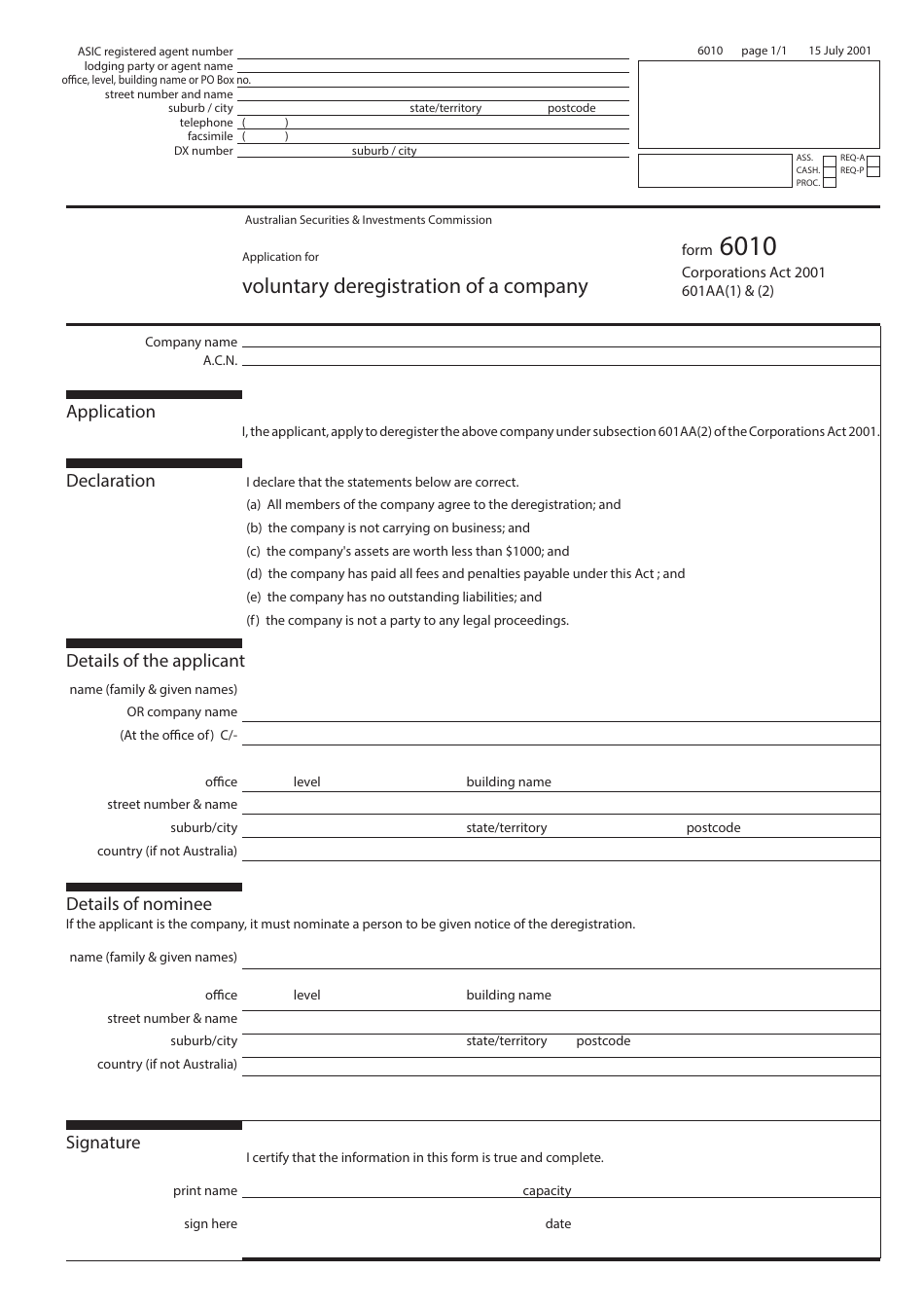 Form 6010 Application for Voluntary Deregistration of a Company - Australia, Page 1