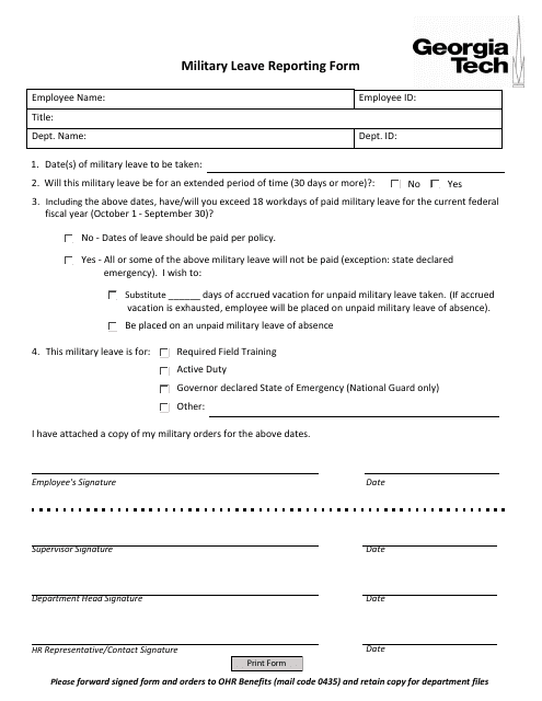 Military Leave Reporting Form - Georgia Tech Download Pdf