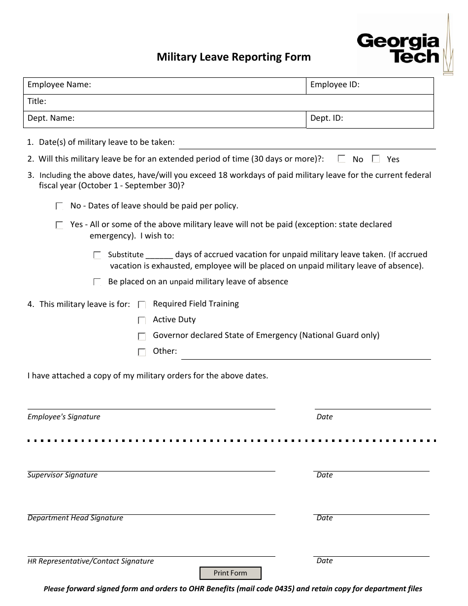 Military Leave Reporting Form - Georgia Tech Download Fillable Pdf | Templateroller