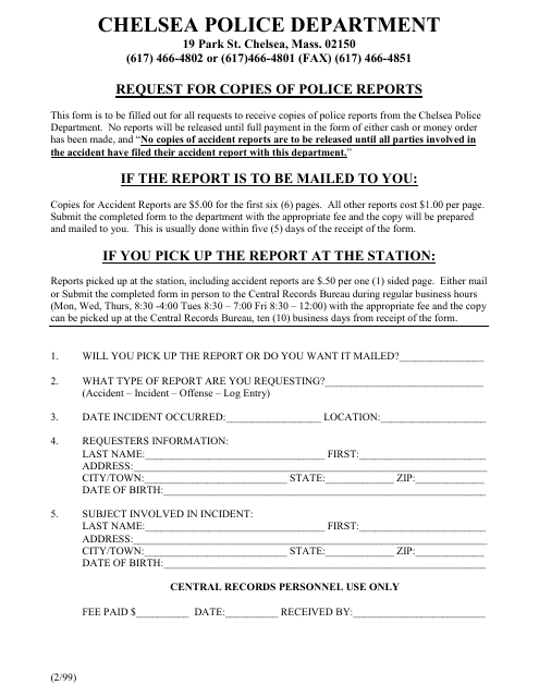 Request for Copies of Police Reports - City of Chelsea, Massachusetts Download Pdf