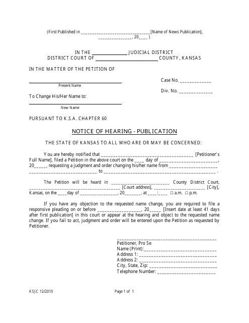 Adult Name Change Notice of Hearing by Publication - Kansas Download Pdf