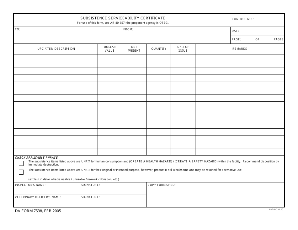 DA Form 7538 Subsistence Serviceability Certificate, Page 1