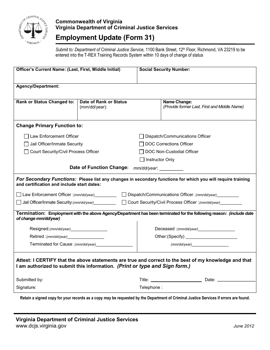 Form 31 Employment Update - Virginia, Page 1