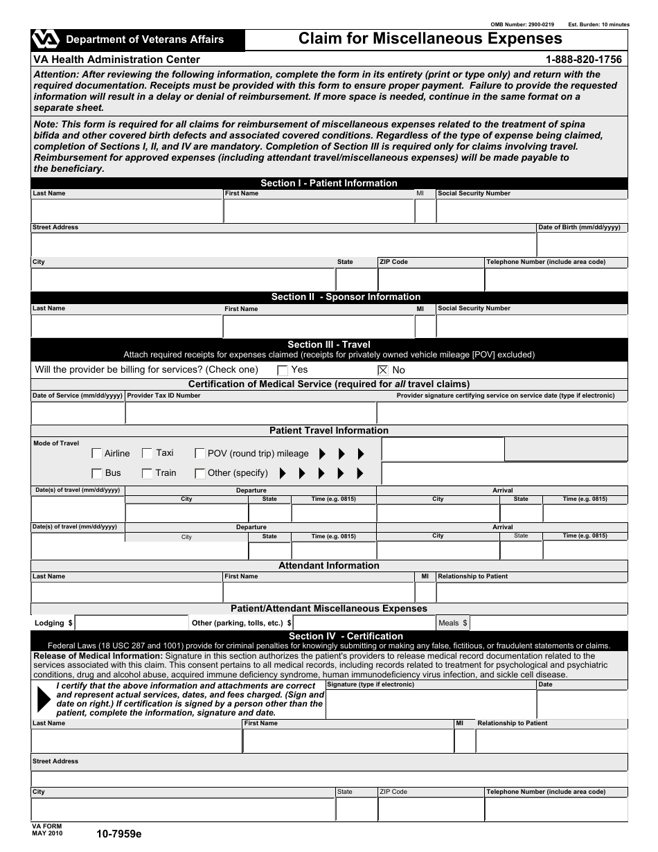 VA Form 10-7959e Claim for Miscellaneous Expenses, Page 1