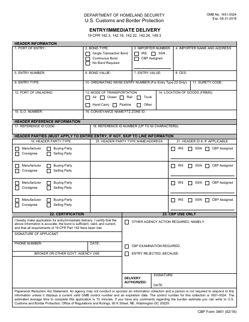 CBP Form 3461  Printable Pdf
