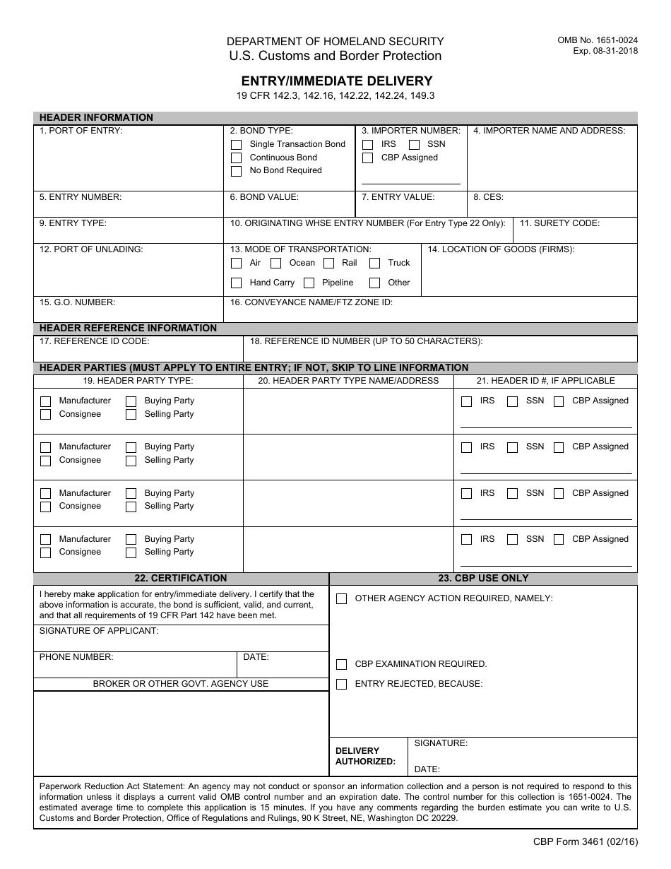 CBP Form 3461 Entry / Immediate Delivery, Page 1