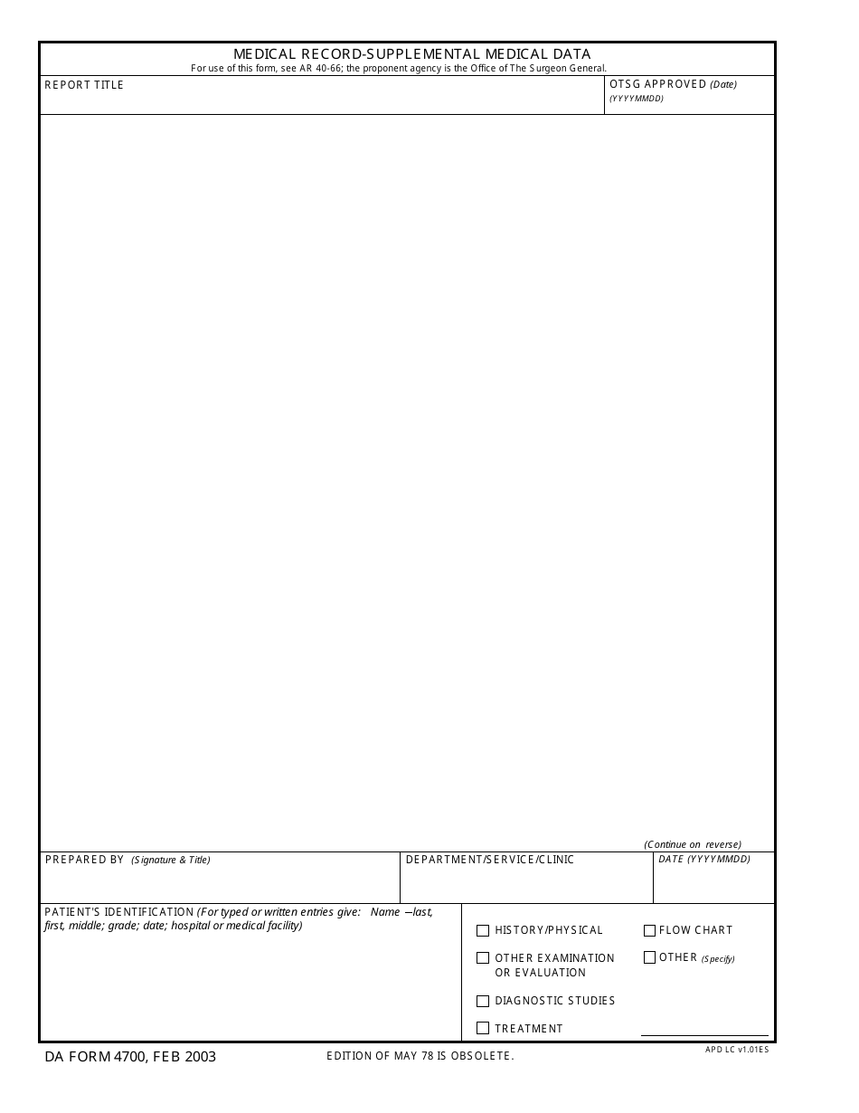 DA Form 4700 Medical Record - Supplemental Medical Data, Page 1