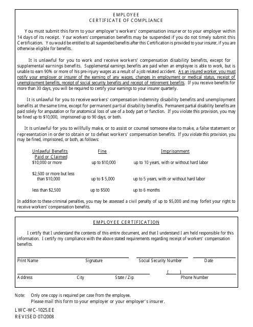 Form LWC-WC-1025.EE Employee Certificate of Compliance - Louisiana