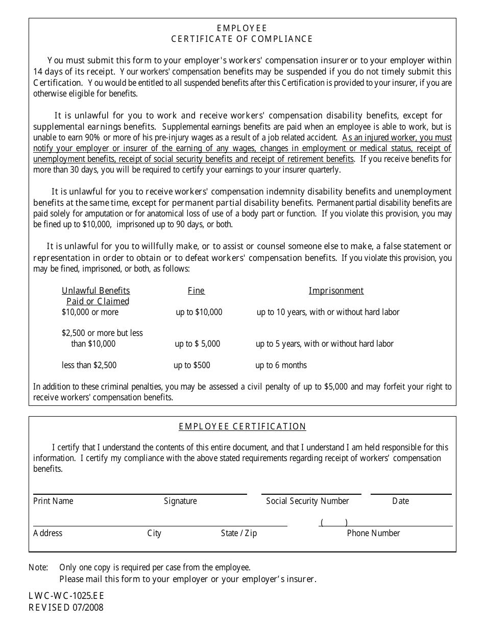 Form LWC-WC-1025.EE Employee Certificate of Compliance - Louisiana, Page 1