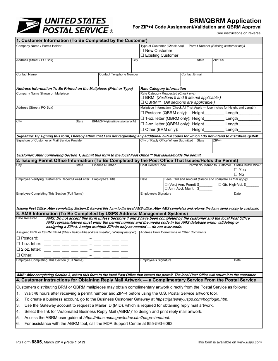 PS Form 6805 Brm / Qbrm Application for Zip+4 Code Assignment / Validation and Qbrm Approval, Page 1