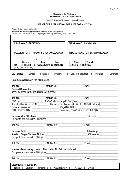 FA Form NO. 79 Passport Application Form - Philippine Embassy Kuala Lumpur - Philippines