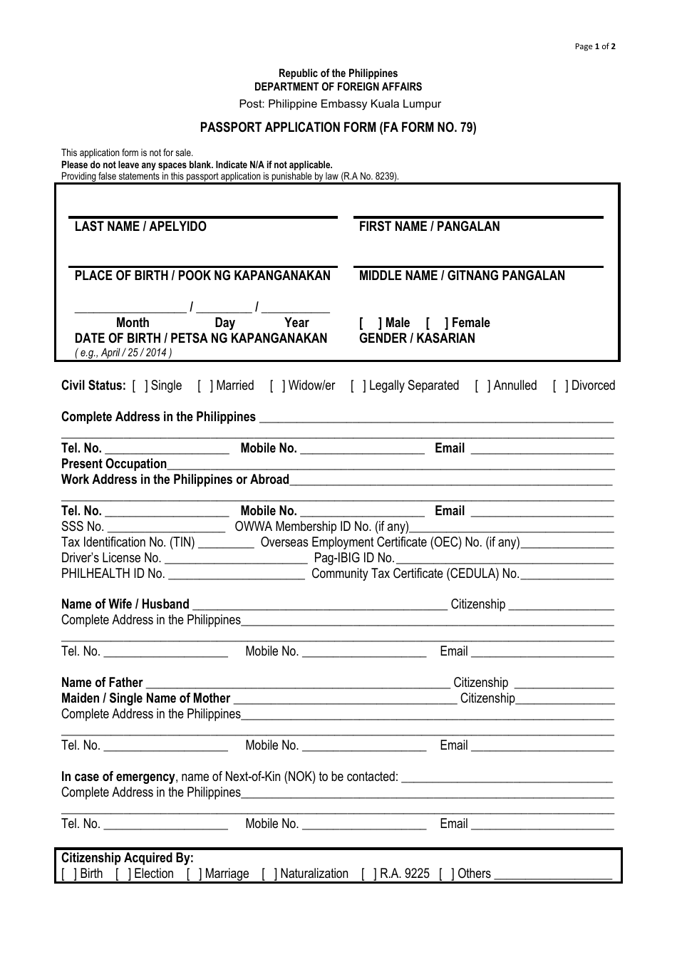 FA Form NO. 79 Passport Application Form - Philippine Embassy Kuala Lumpur - Philippines, Page 1