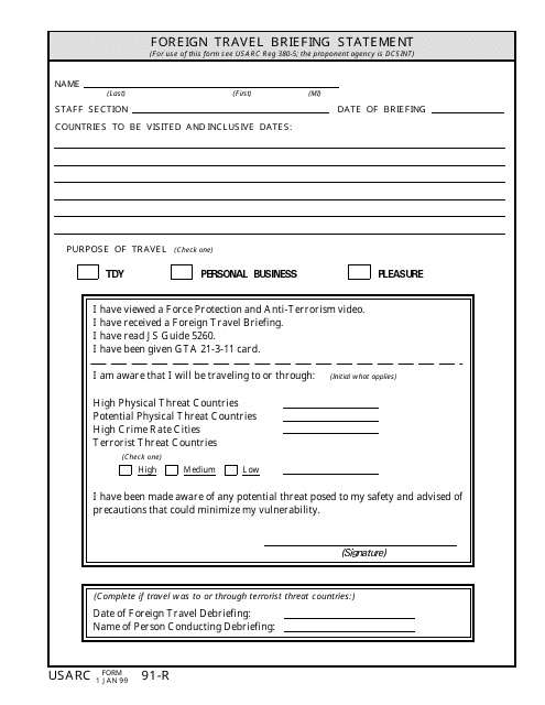 USARC Form 91-r  Printable Pdf