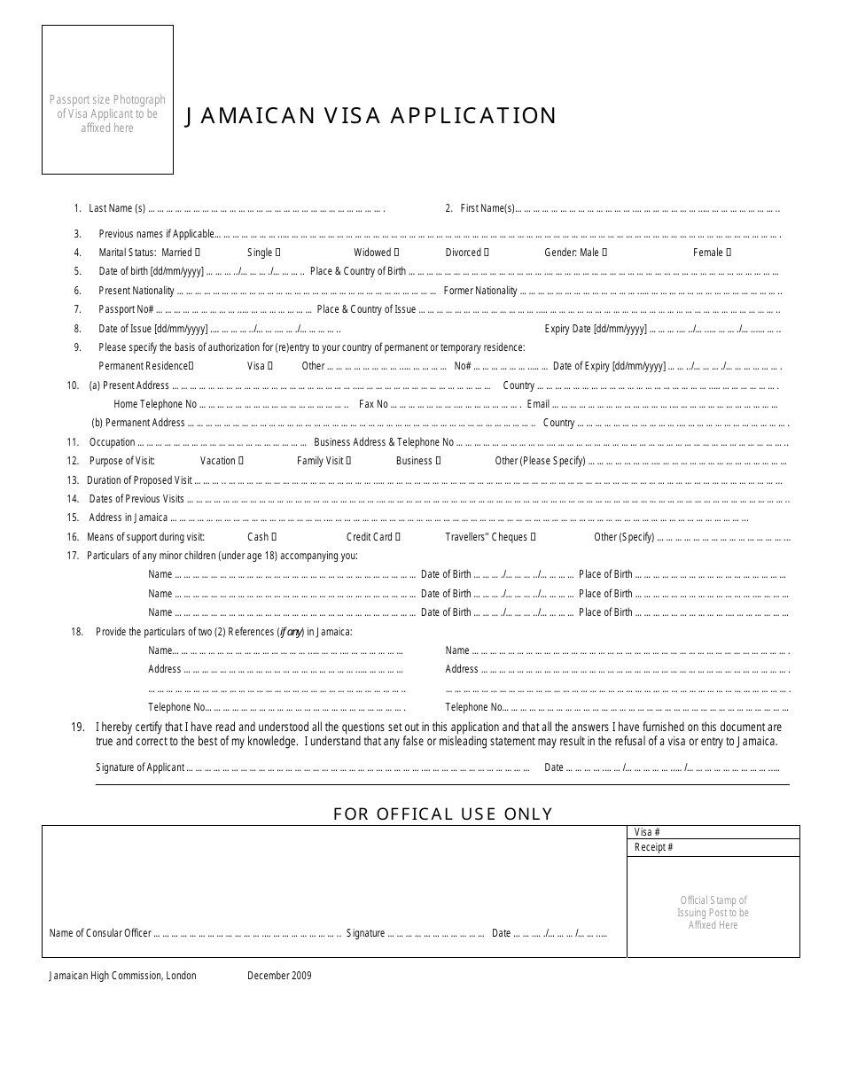 Jamaican Visa Application Form - Jamaican High Commission - Greater London, United Kingdom, Page 1