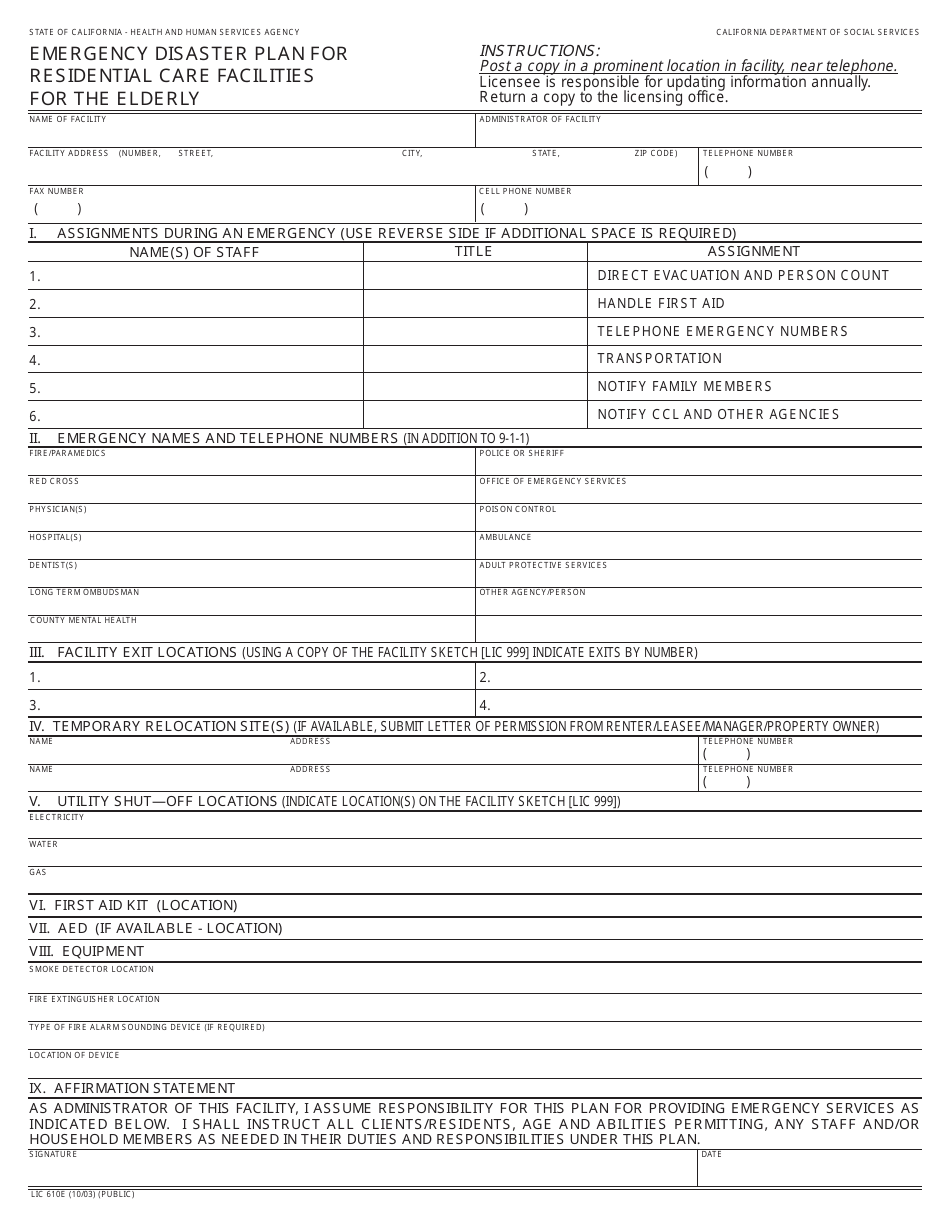 Form LIC610E Emergency Disaster Plan for Residential Care Facilities for the Elderly - California, Page 1