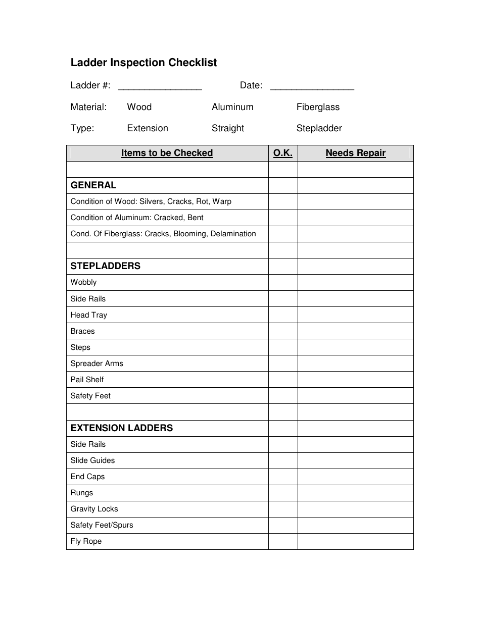 Ladder Inspection Checklist Template - Comprehensive checklist form for inspecting ladders