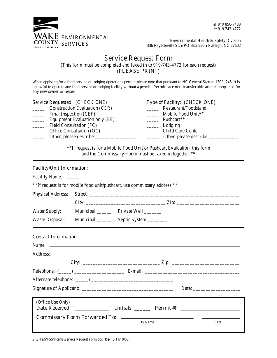Service Request Form - Wake County, North Carolina, Page 1