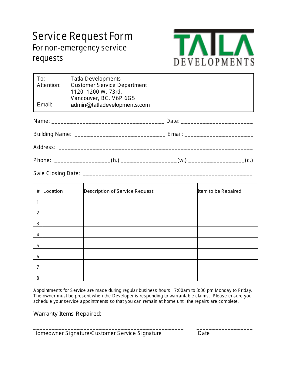 Repair Service Request Form - Tatla Developments, Page 1