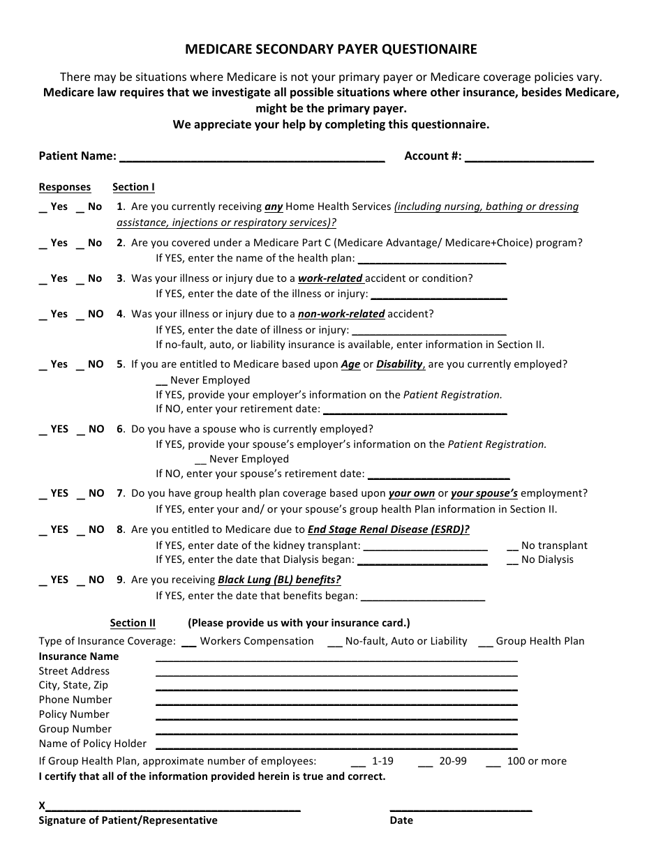 Medicare Secondary Payer Questionnaire Template Checklist Preview