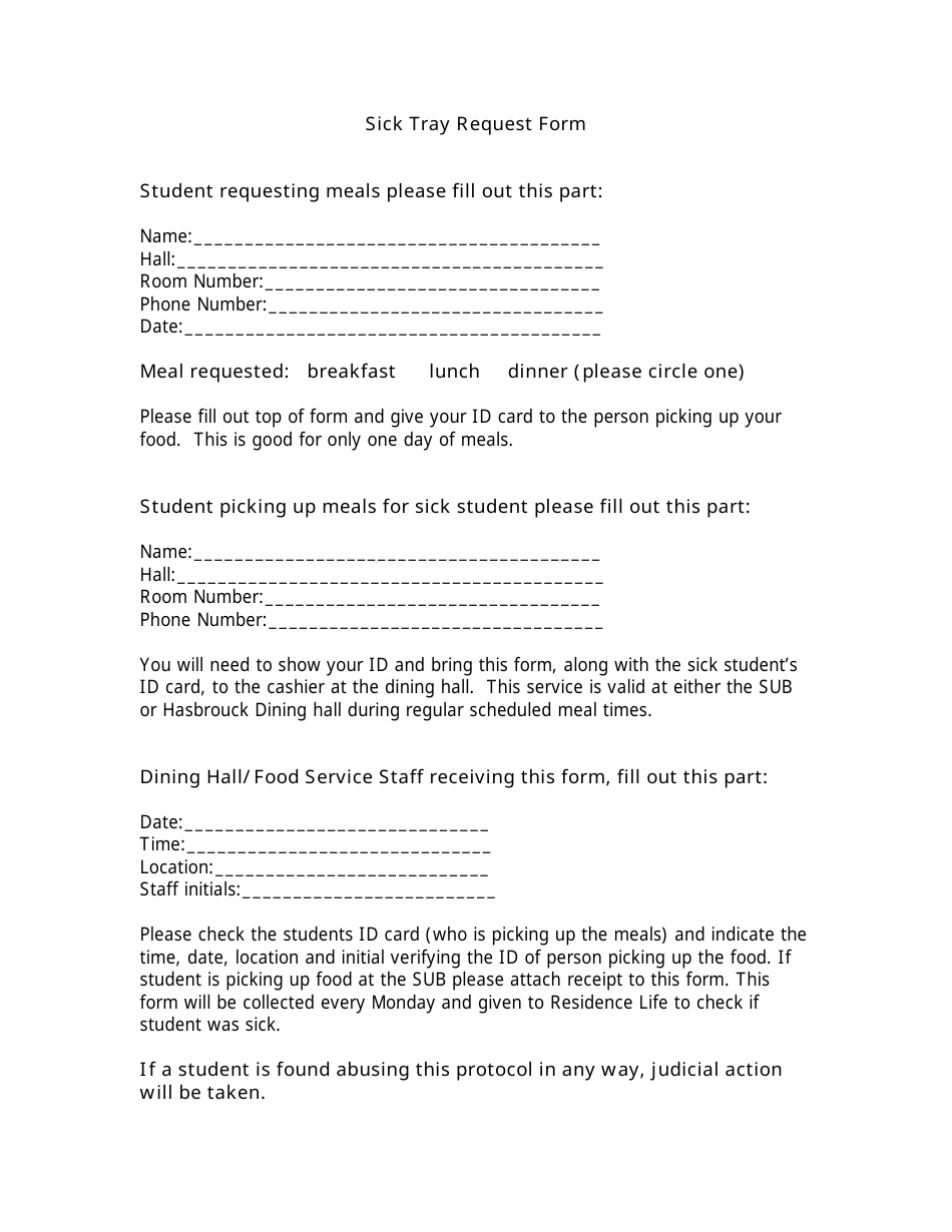 Sick Tray Request Form, Page 1