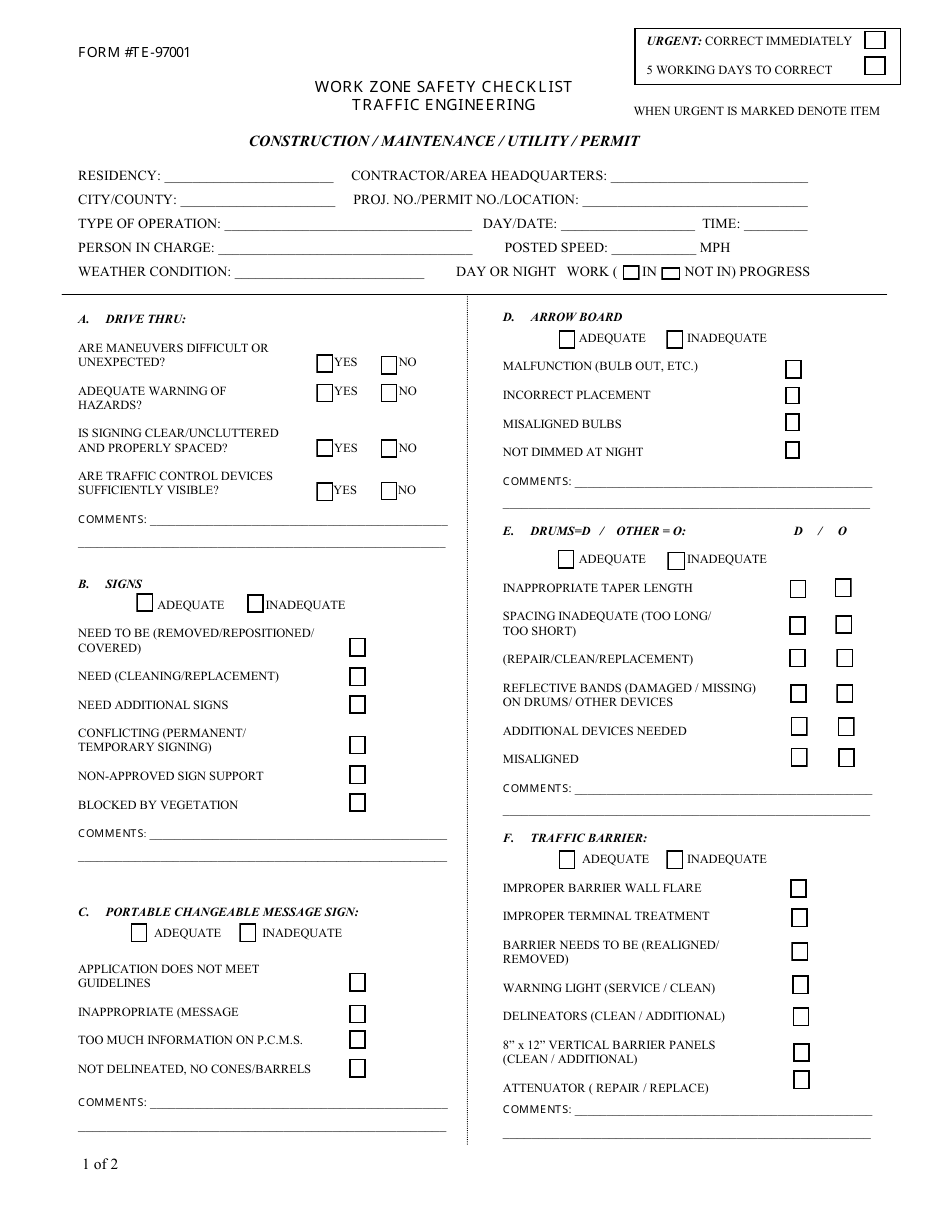 Form TE-97001 Work Zone Safety Checklist - Traffic Engineering - Construction / Maintenance / Utility / Permit - Virginia, Page 1