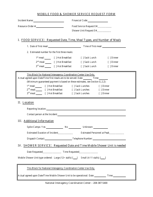 Mobile Food and Shower Service Request Form Download Pdf