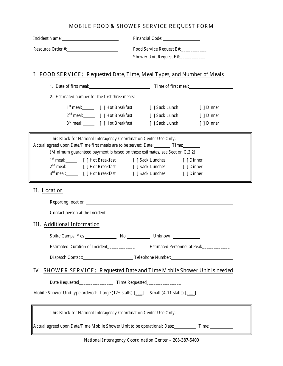 Mobile Food and Shower Service Request Form, Page 1
