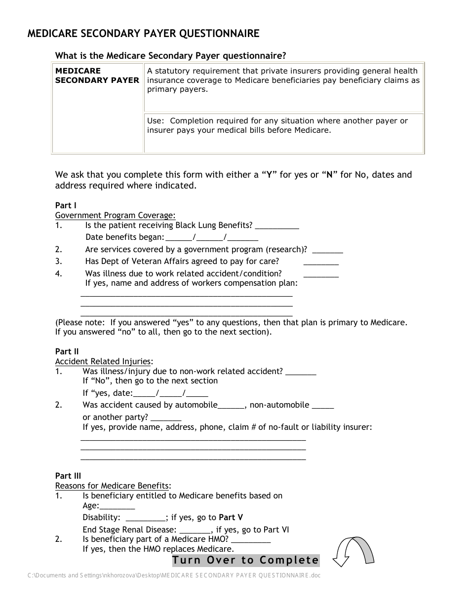 Medicare Secondary Payer Questionnaire Form, Page 1