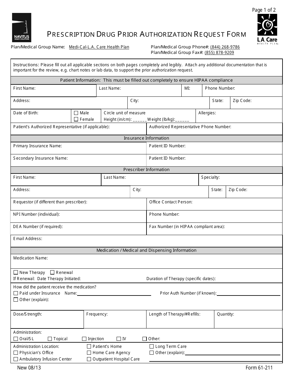 Form 61-211 Prescription Drug Prior Authorization Request Form - L.a. Care Health Plan, Page 1