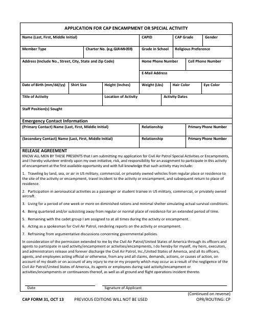 CAP Form 31 Application for CAP Encampment or Special Activity