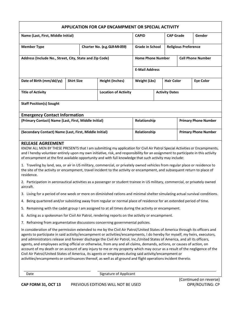 CAP Form 31 Application for CAP Encampment or Special Activity, Page 1