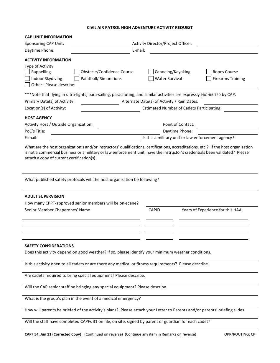 CAP Form 54 Civil Air Patrol High Adventure Activity Request, Page 1