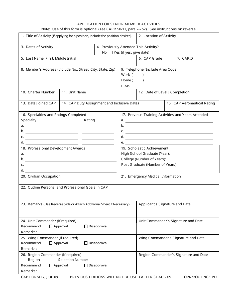 CAP Form 17 Application for Senior Member Activities, Page 1